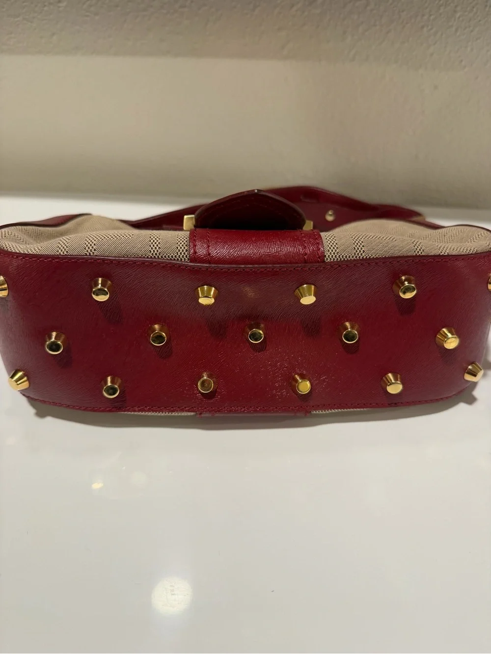 Vintage Fendi Beige Monogram Canvas Shoulder Bag with Red Leather Trim